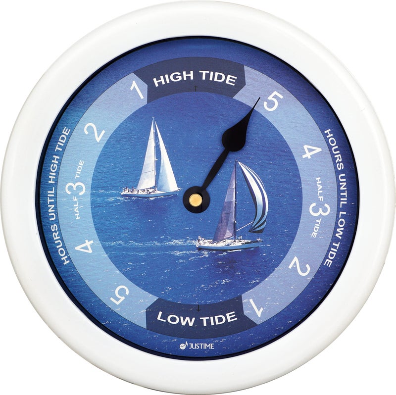 JUSTIME 8.5 Inch Atlantic Tide Clock for East Coast, High Tide Low Tide Clock with Plastic Water Resistant Case, Colorful Graphics Designed Home Wall DÃ©cor (TT024-Yacht White) - Image 1